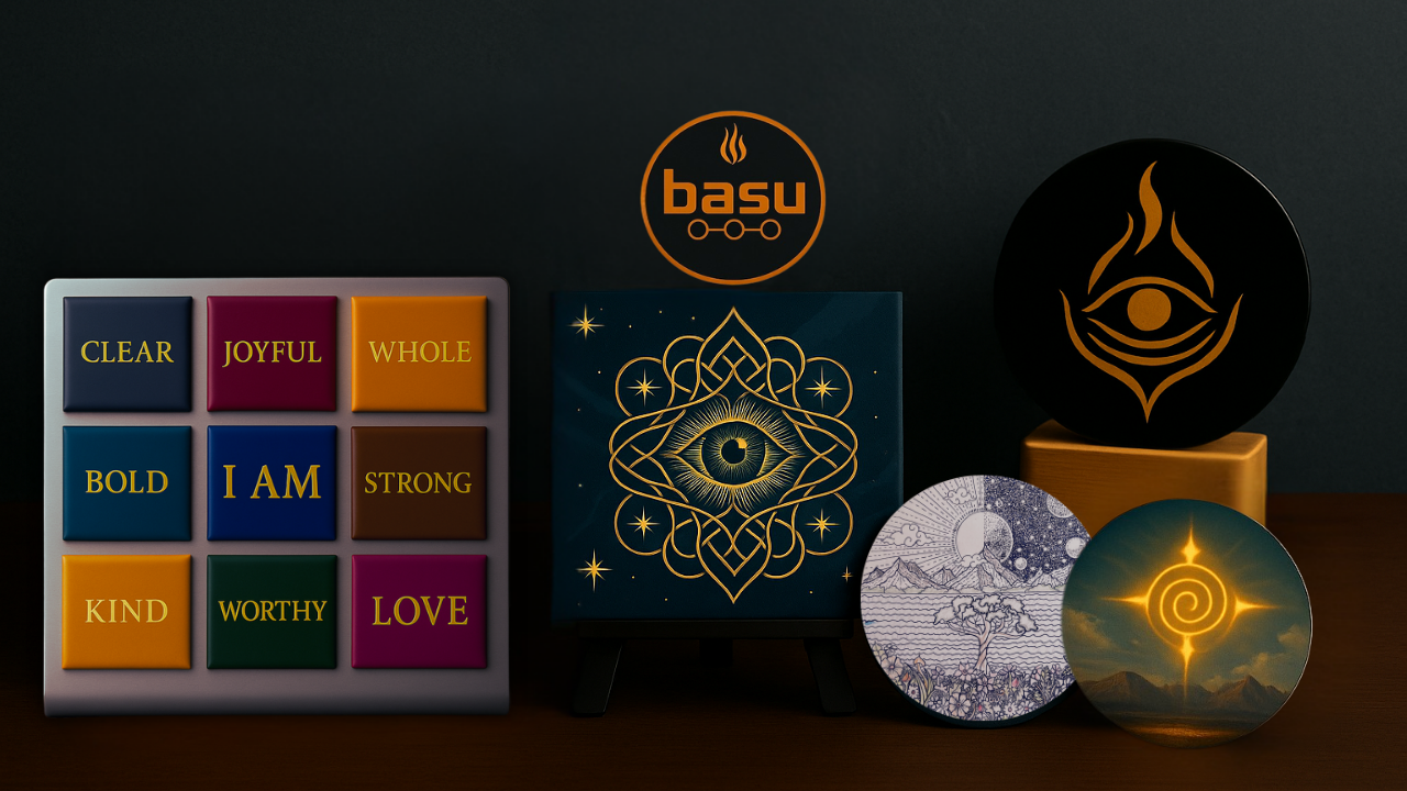 Image of product offerings from Basu including stickers, magnets, and the I Am series. 